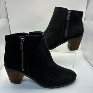 Lucky Brand Black Suede Textured Ankle Boots Stacked Block Heel Side Zip 7.5M